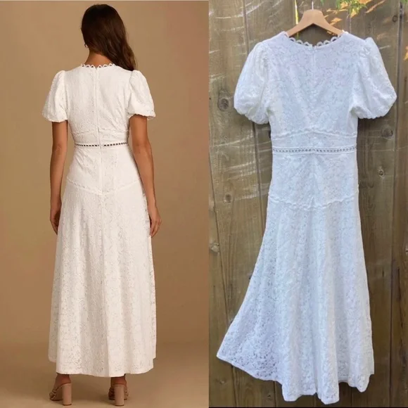 White Lace Puff Sleeve High Low Dress 🌿 - Picture 3 of 10